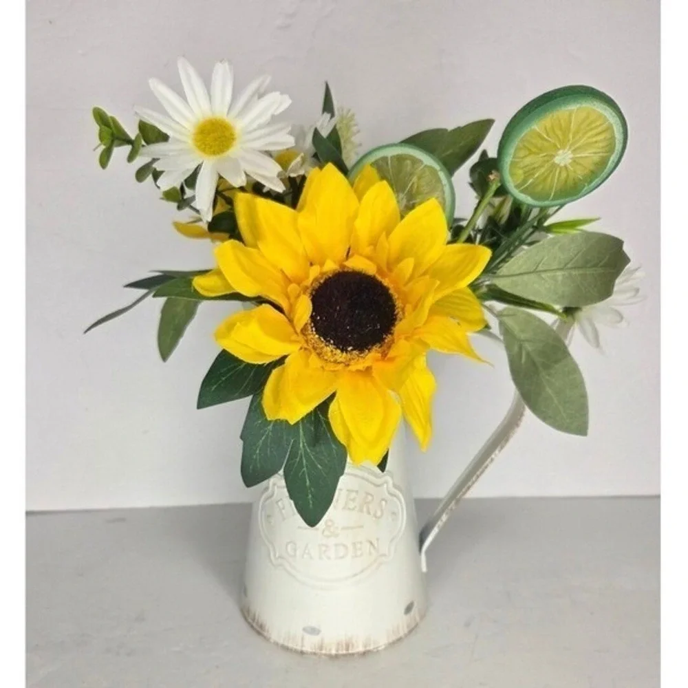 Yellow Sunflower Faux‎ Floral Arrangement in White Farnhouse Pitcher Vase